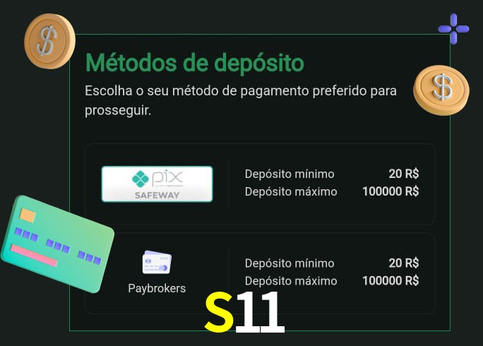 O cassino S11 oferece uma grande variedade de métodos de pagamento